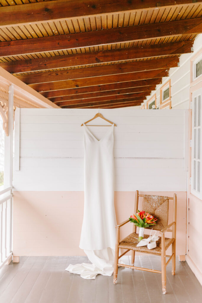 wedding dress hanging at La Haut Resort in St. Lucia.