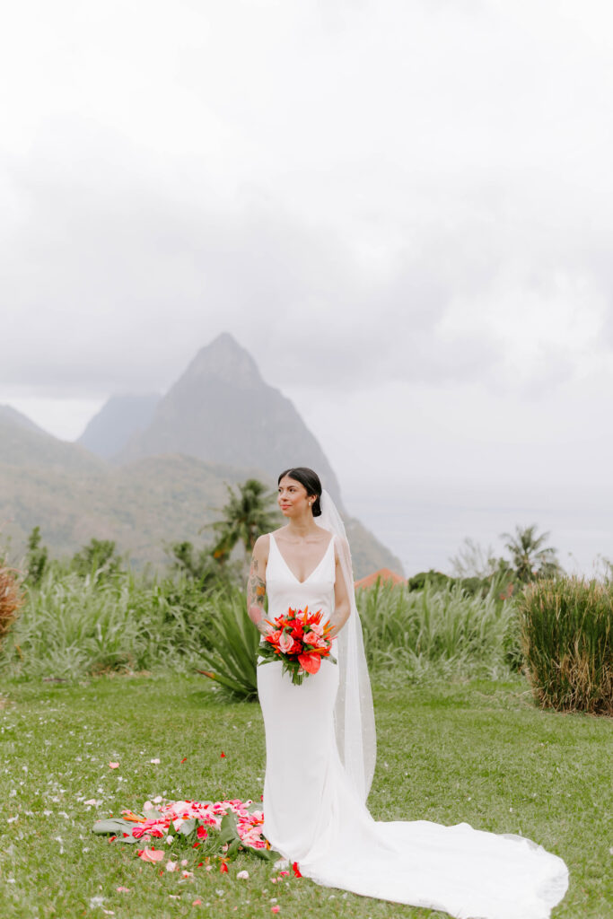 bridal photo with the Pitons in the background at La Haut Resort in St. Lucia