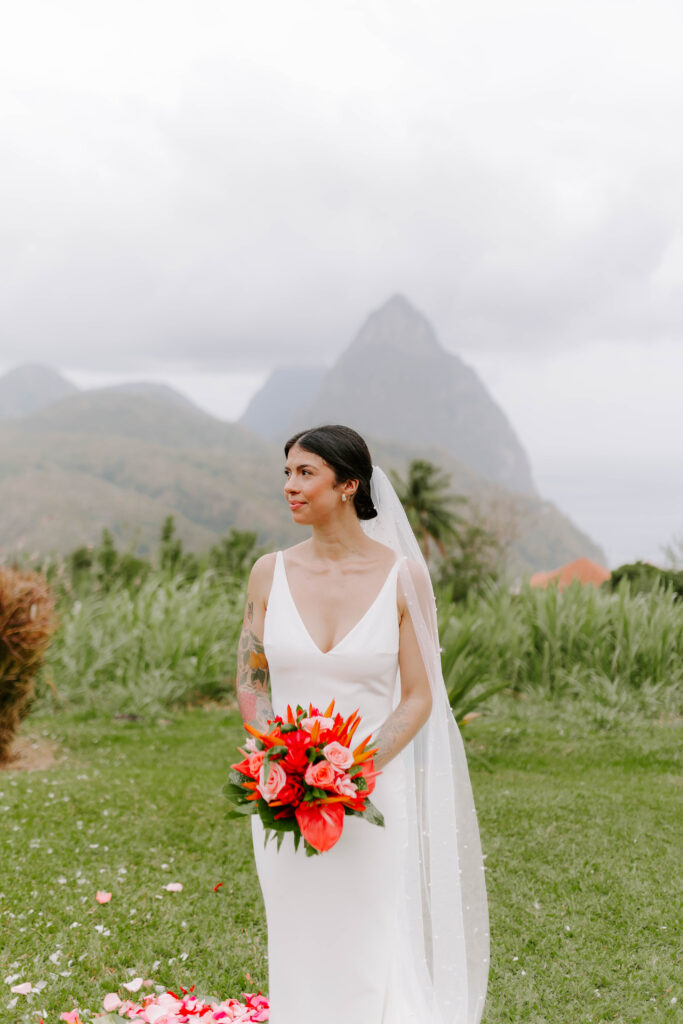 bridal photo with the Pitons in the background at La Haut Resort in St. Lucia