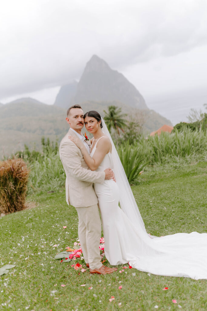 couples wedding day with the Pitons in the background at La Haut Resort in St. Lucia