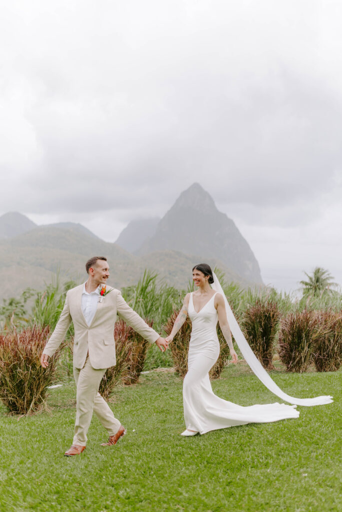 couples wedding day with the Pitons in the background at La Haut Resort in St. Lucia