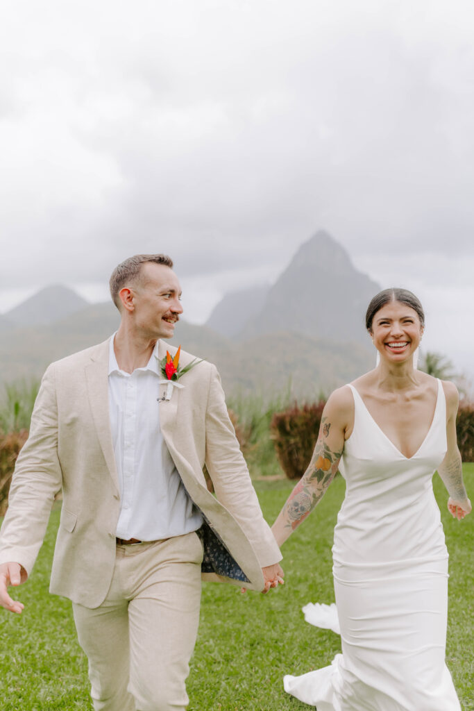 couples wedding day with the Pitons in the background at La Haut Resort in St. Lucia
