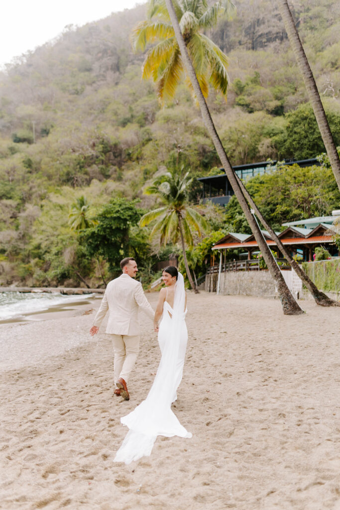 couples wedding day portraits on beach in Soufriere, St. Lucia