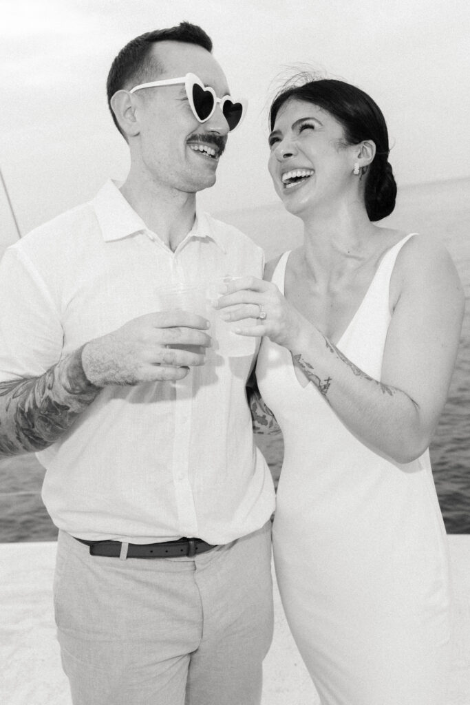 couple on wedding day on catamaran in st. lucia