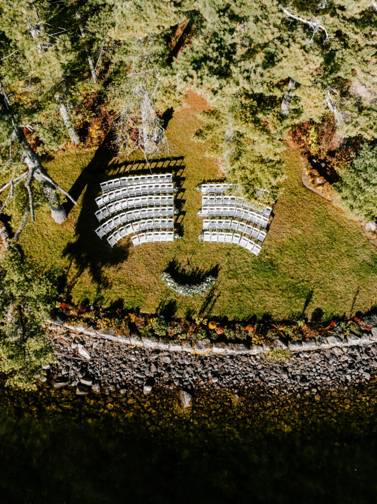 Drone shot of ceremony at Migis Lodge