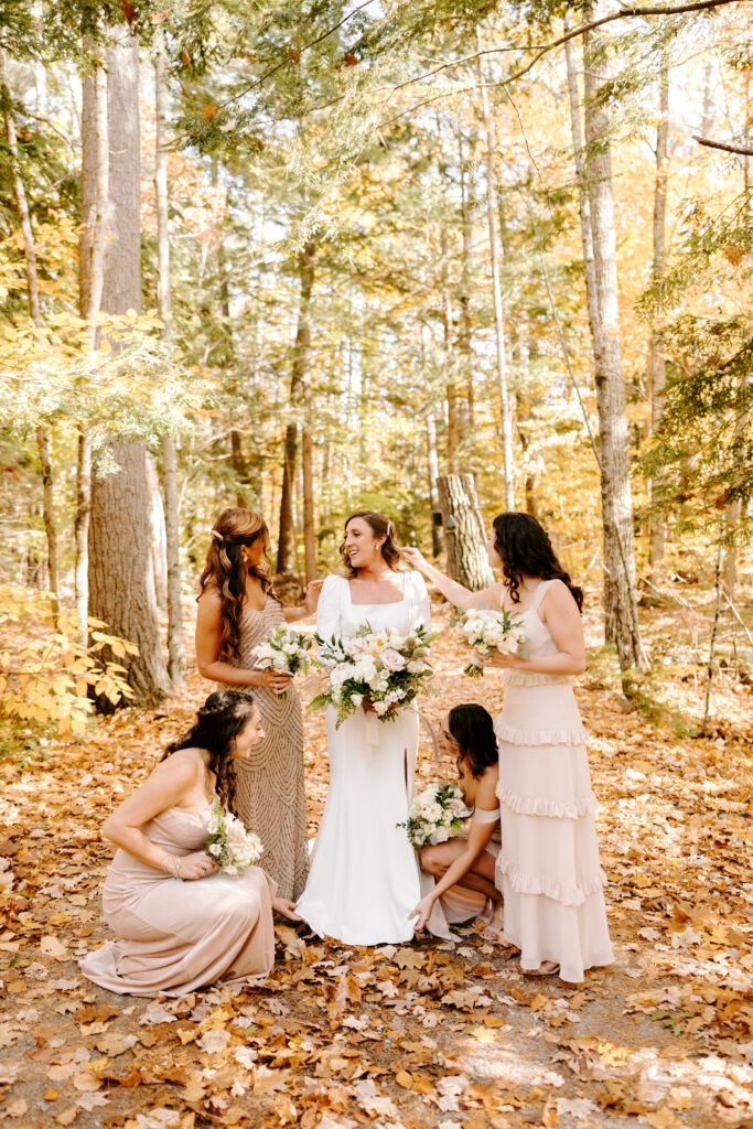 Bridal party images before wedding day on Sebago lake at Migis Lodge