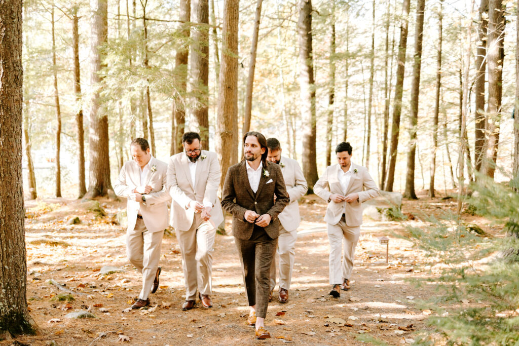 Groom party images before wedding day on Sebago lake at Migis Lodge
