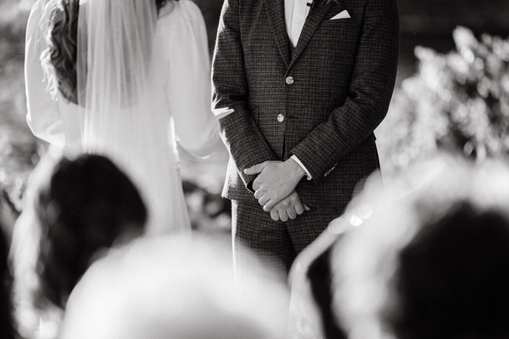 Wedding ceremony at Migis lodge lawn on Sebago lake, Maine