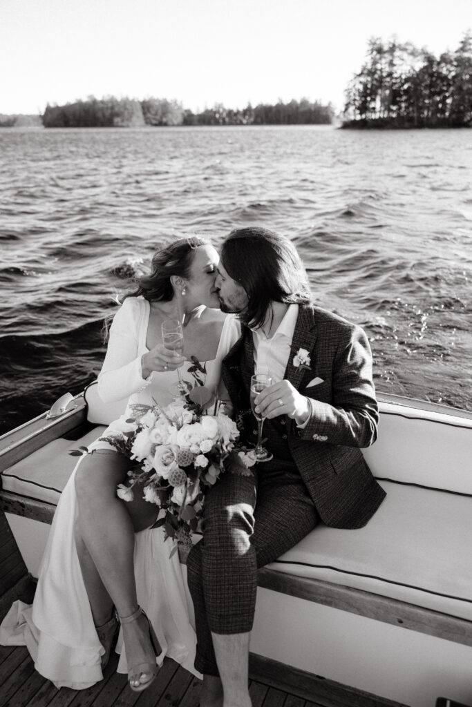 Wedding ceremony at Migis lodge lawn on Sebago lake, Maine