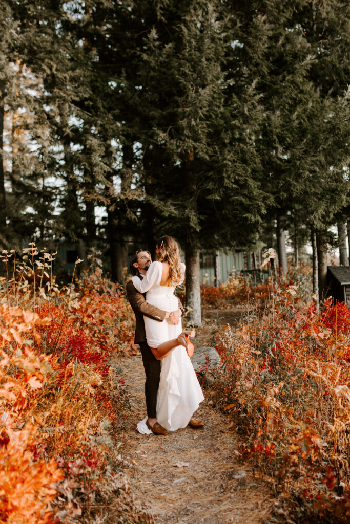 Bride and groom at wedding on Sebago lake at Migis Lodge