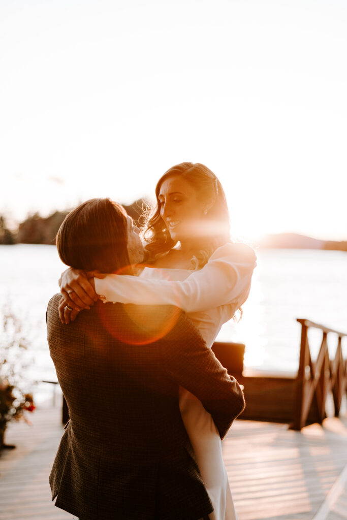 Bride and groom at wedding on Sebago lake at Migis Lodge
