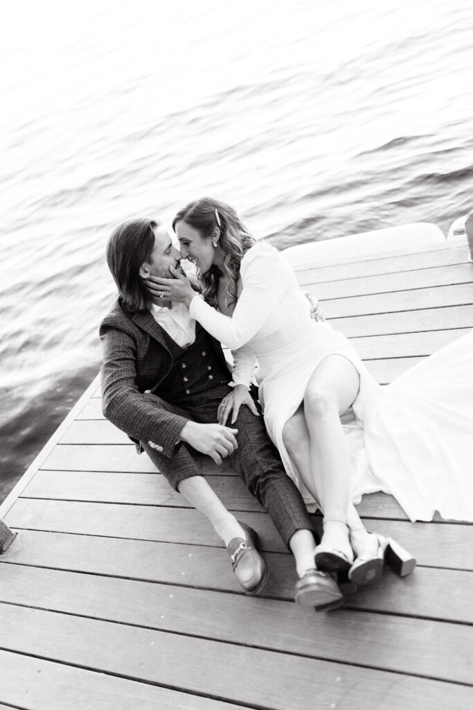 Bride and groom at wedding on Sebago lake at Migis Lodge