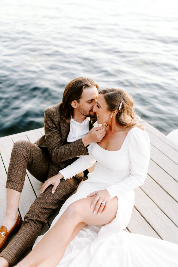 Bride and groom at wedding on Sebago lake at Migis Lodge