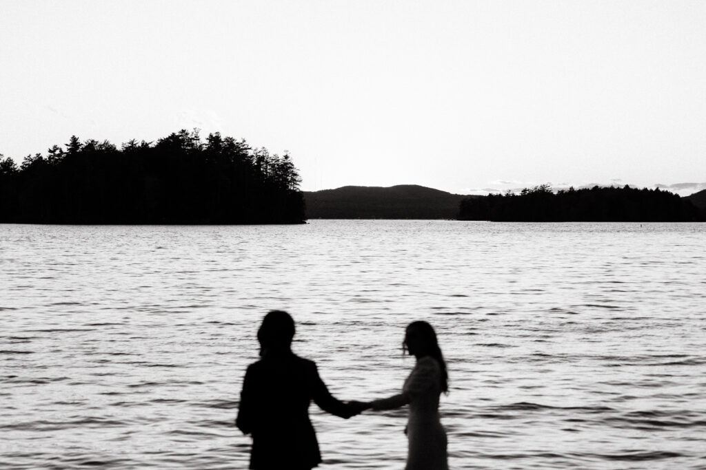 Bride and groom at wedding on Sebago lake at Migis Lodge