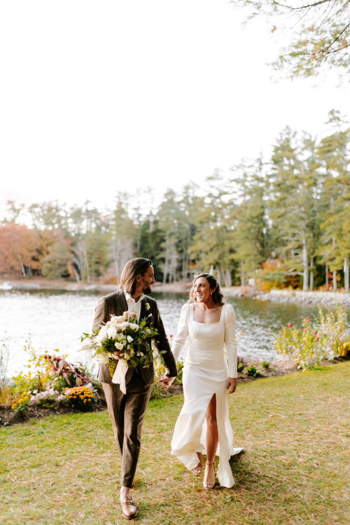 Bride and groom at wedding on Sebago lake at Migis Lodge