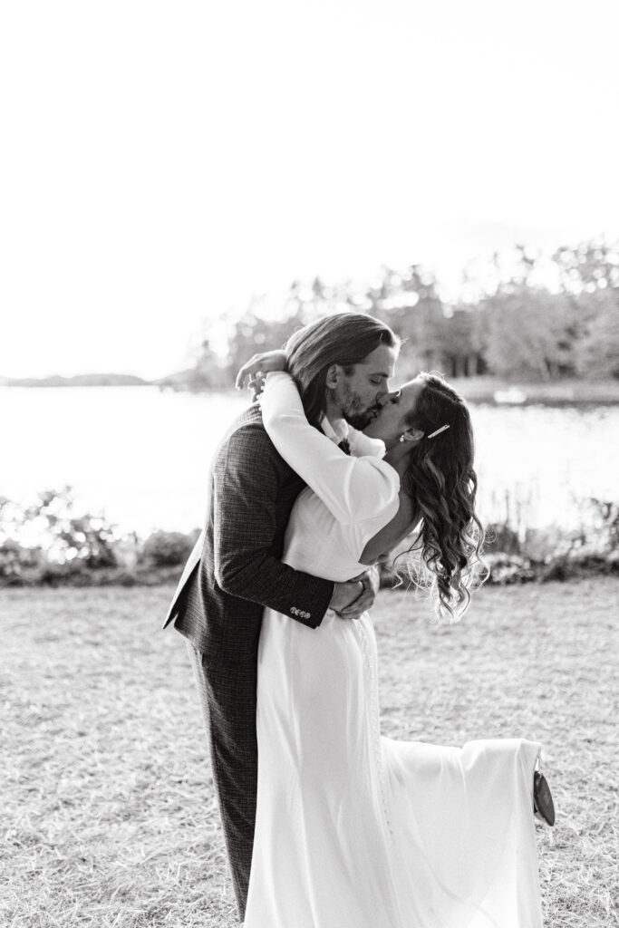 Bride and groom at wedding on Sebago lake at Migis Lodge