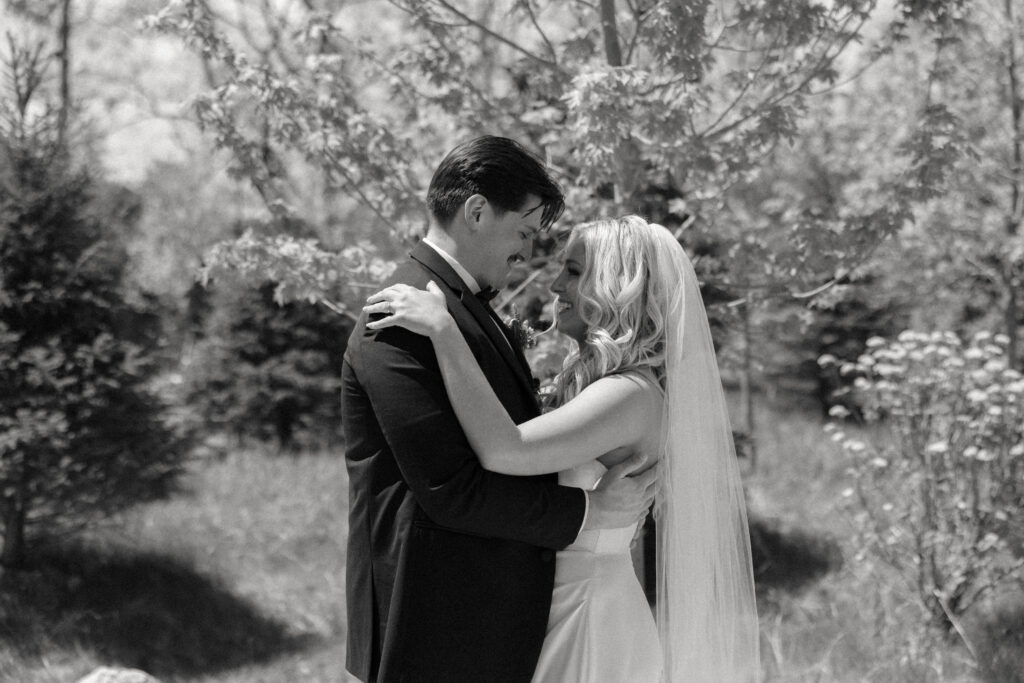 Bride and groom share first look at The Barn at Timber Pointe venue in Chicago, IL.