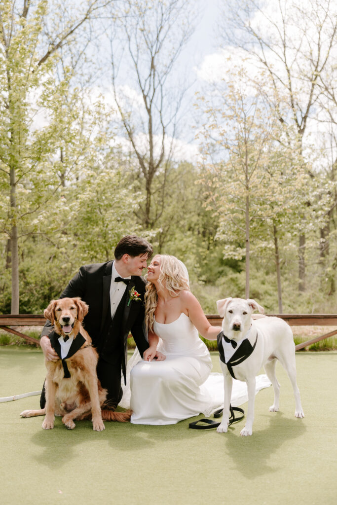 Bride and groom share first look with their two dogs at The Barn at Timber Pointe venue in Chicago, IL.