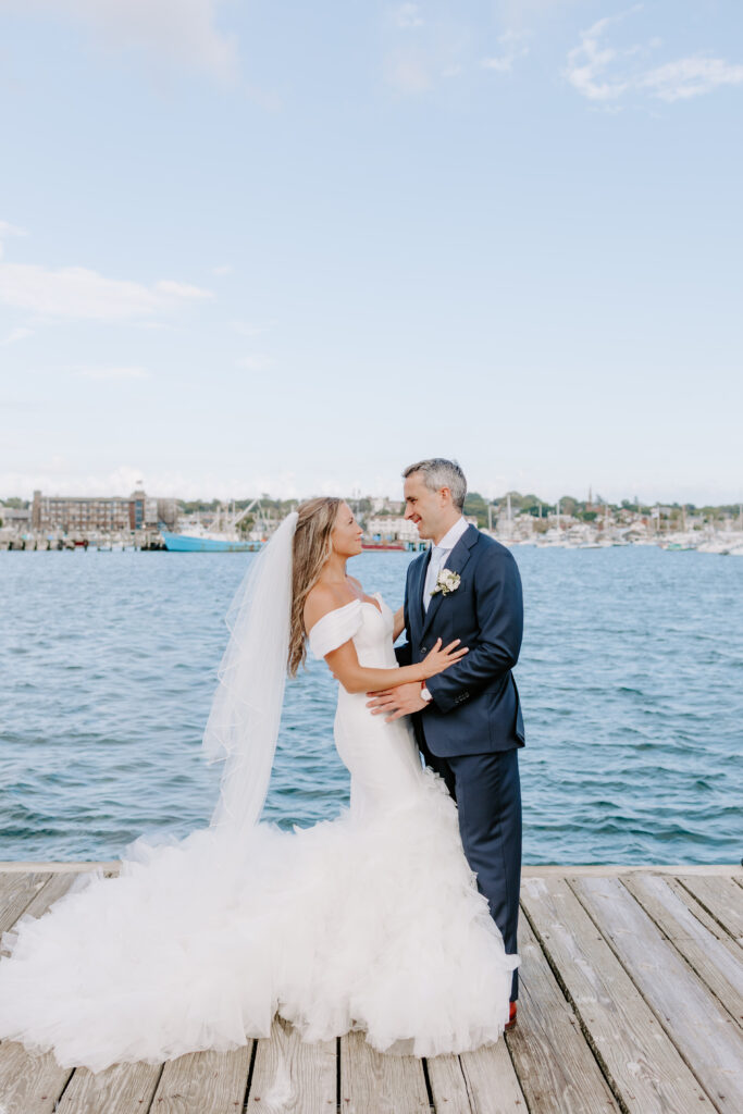 Molly wearing a long tulle wedding dress at Regatta Place in Newport
Sunset portraits at Regatta Place wedding in Newport Rhode Island