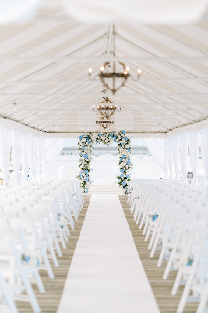 Blue and white hydrangea wedding ceremony at Regatta Place
