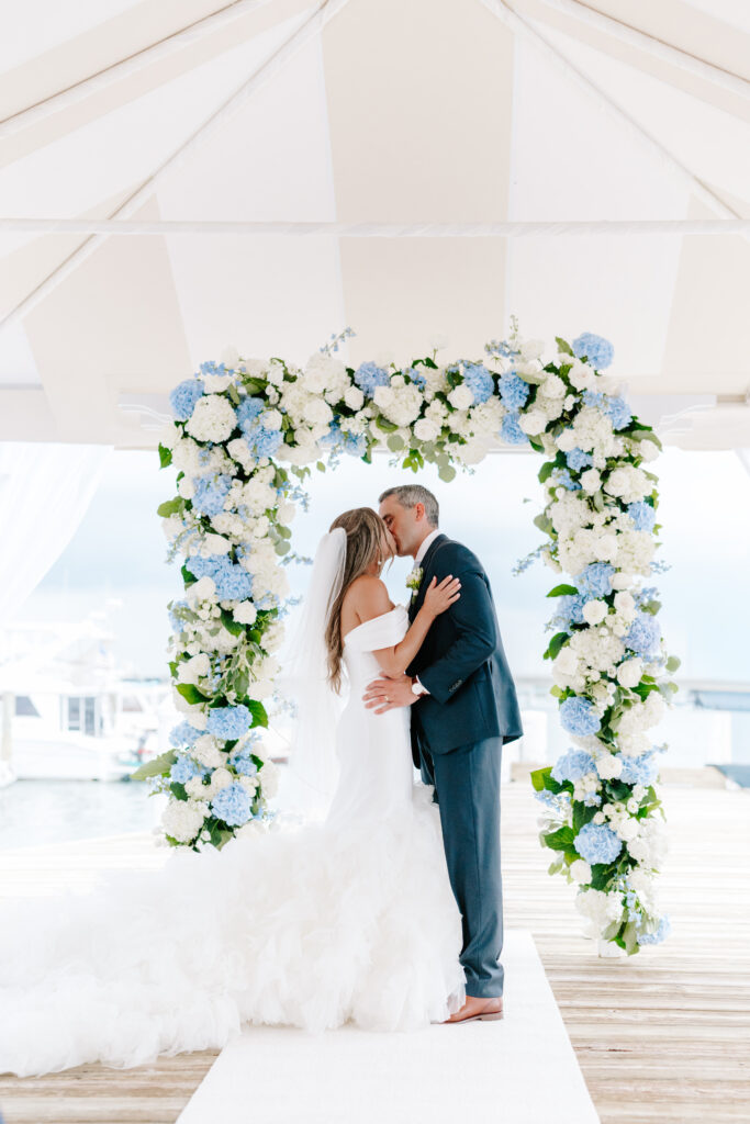 Blue and white hydrangea wedding ceremony at Regatta Place