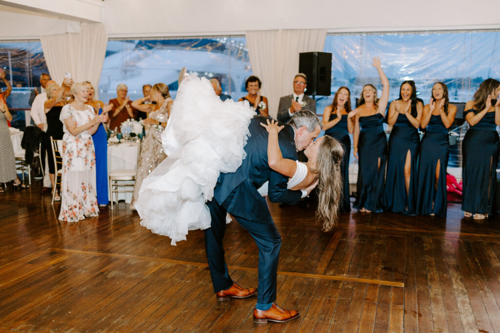 Fun reception moment at Regatta Place wedding in Newport RI