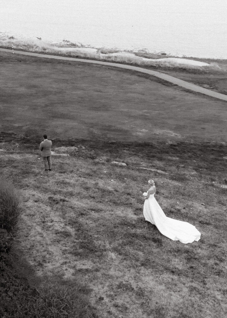 bride and groom share first look at wedding at the samoset resort