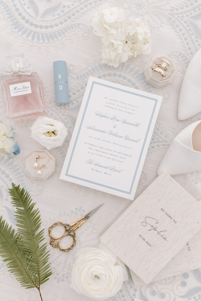 Flat lay of wedding invitation