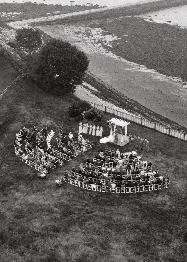 drone shot of wedding ceremony in maine