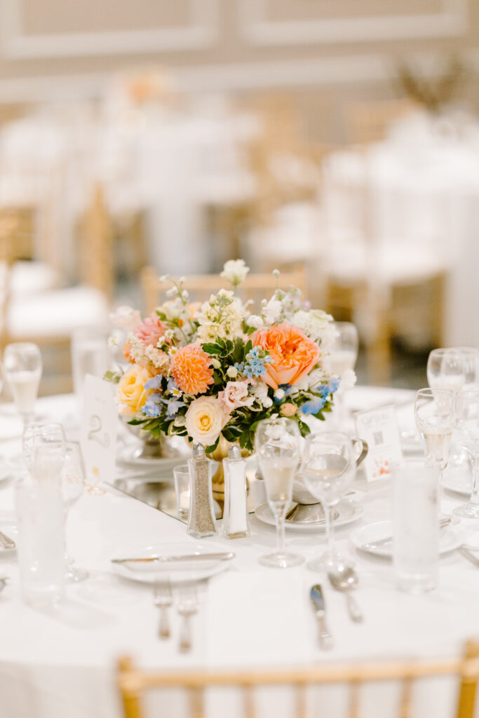 floral arrangement at wedding reception
