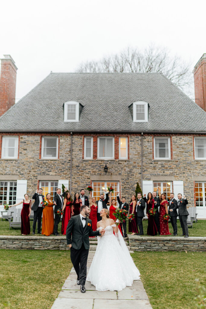 wedding party photo taken in front of rhode island building