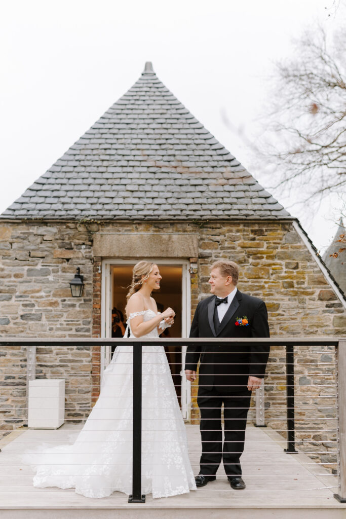 bride and father share first look on wedding day taken by newport wedding photographer