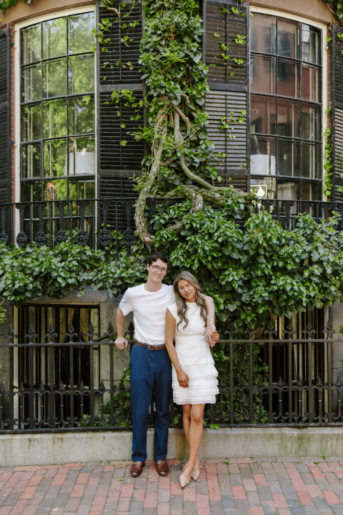 Historic ivy covered brownstone building in Beacon Hill Boston during engagement session