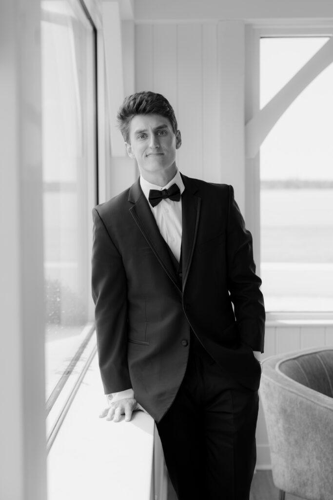 Black and white groom portrait in Newport, Rhode Island