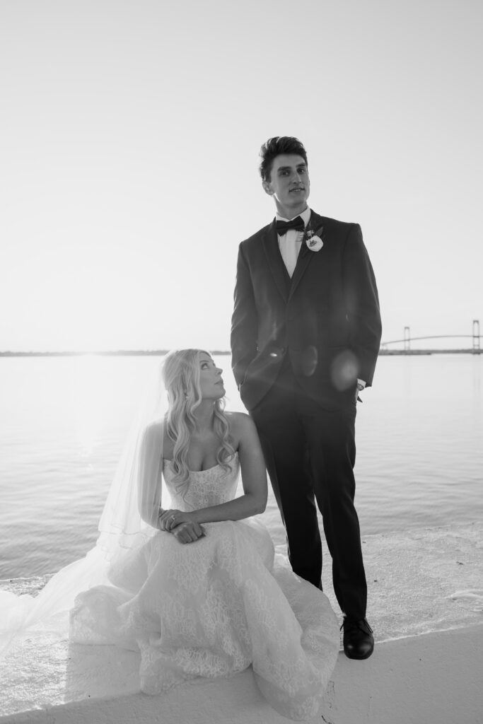 Editorial black and white photo of bride and groom in Newport, Rhode Island