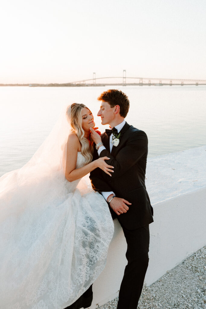 Bride and groom portrait during golden hour in Newport, Rhode Island