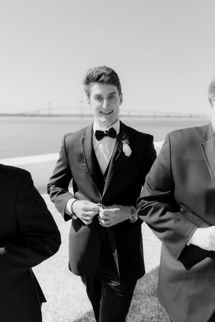 Black and white groom portrait iin Rhode Island