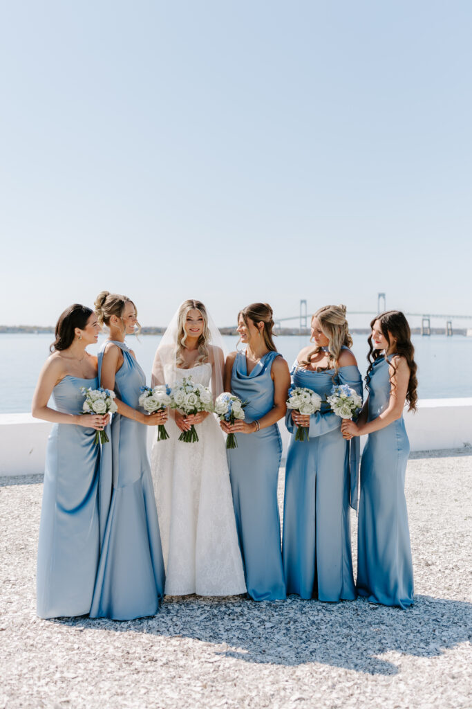 Bridesmaids portrait outside of the Belle Mer venue in Rhode Island
