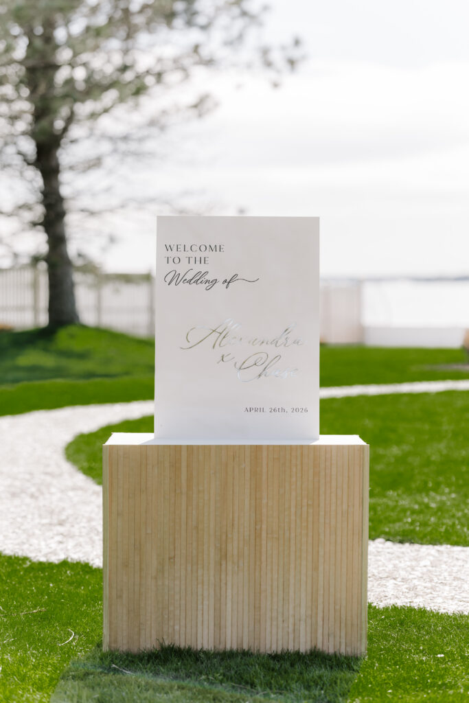 Detail photo of welcome sign at ceremony at Belle Mer