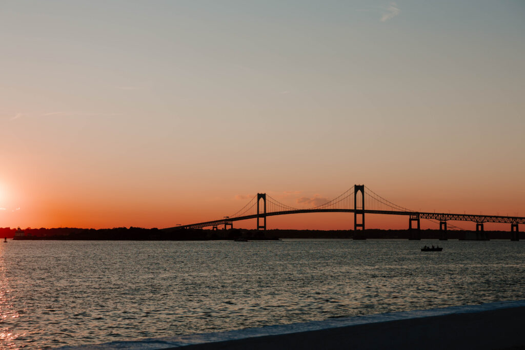 Detail photo of Claiborne Pell Newport Bridge at sunset