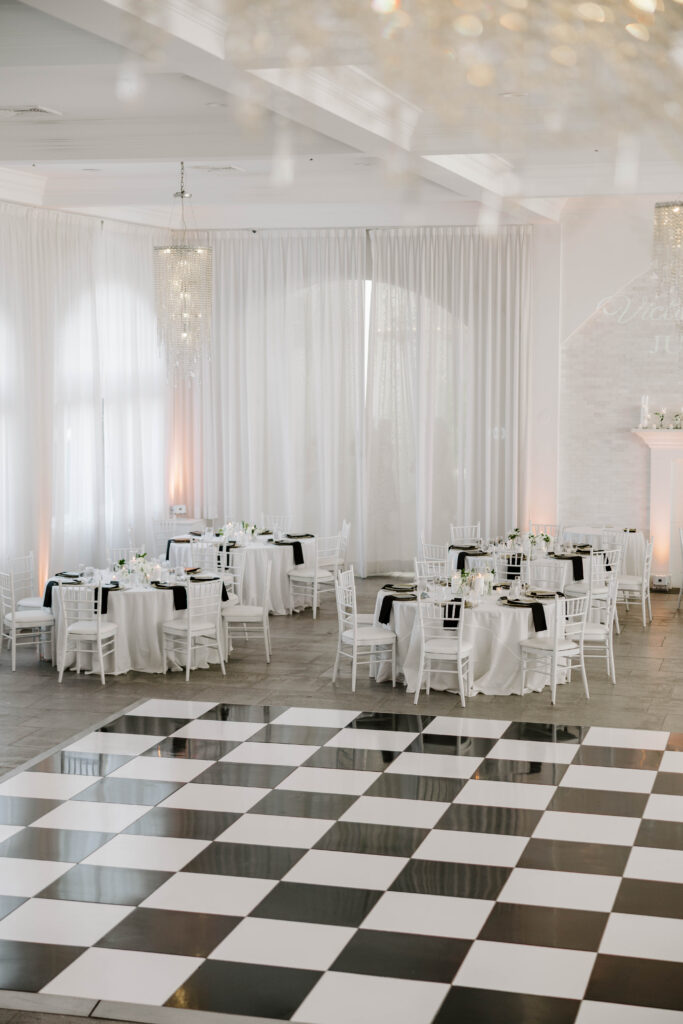 Reception photo with black and white checkered dance floor at Belle Mer in Newport