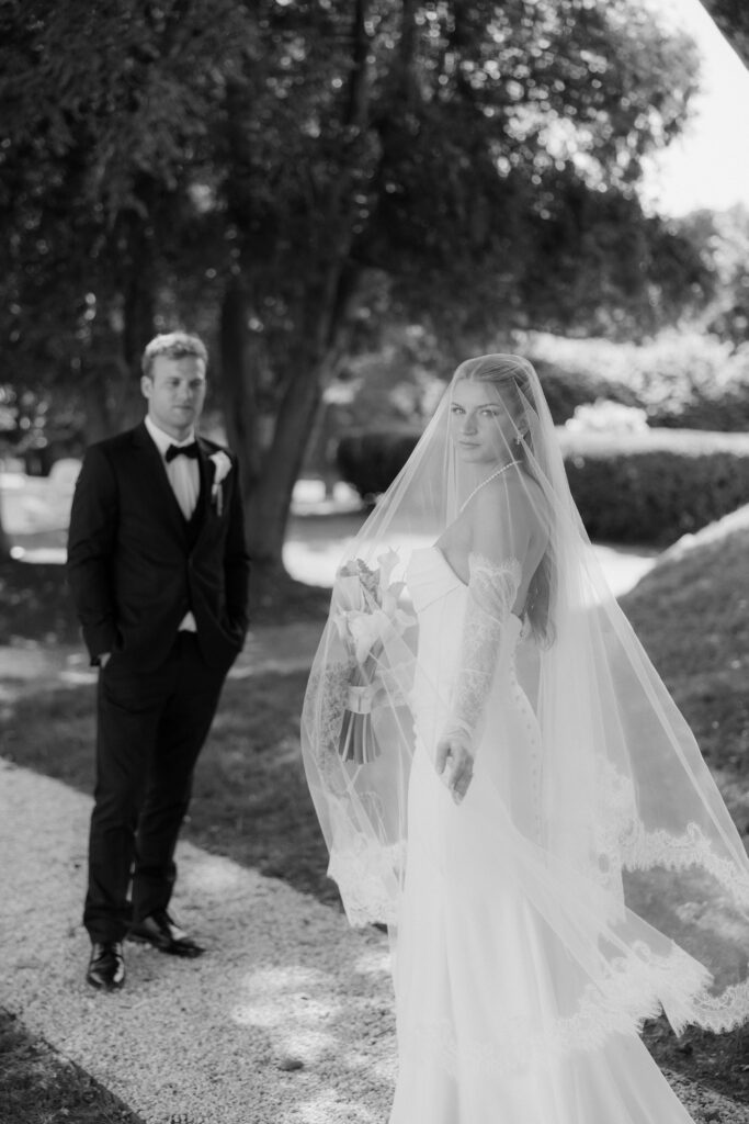 Black and white portrait of bride and groom on wedding day in New England
