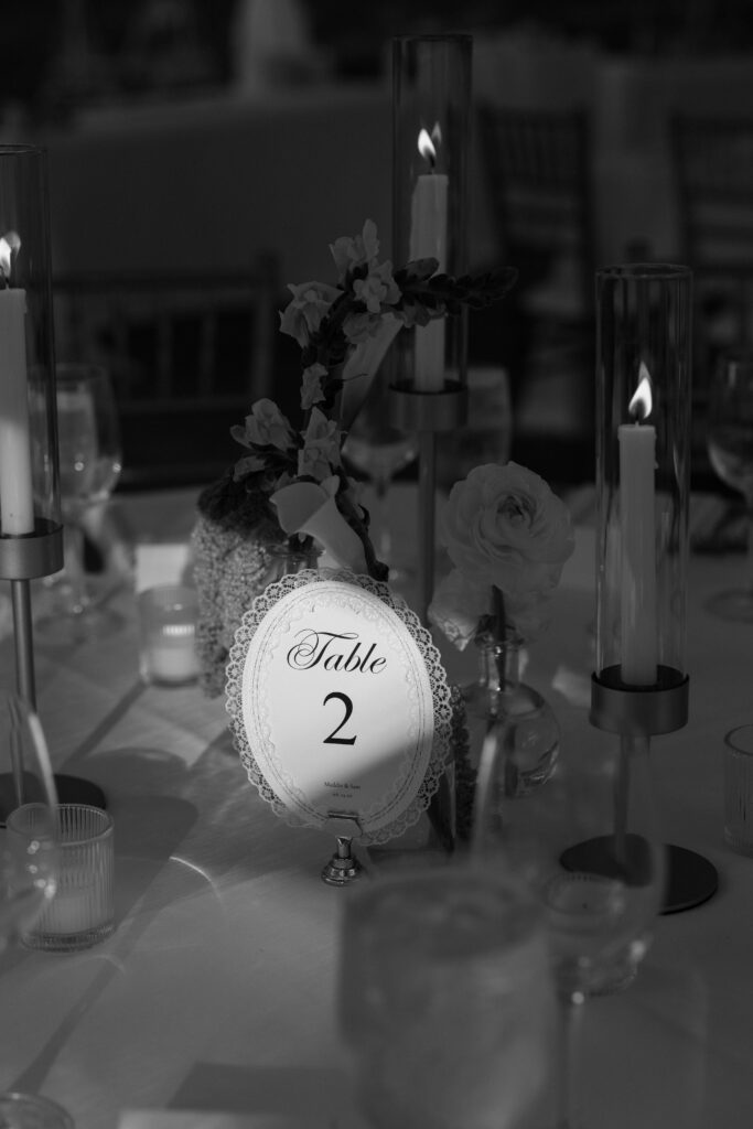 Black and white photo of table at reception