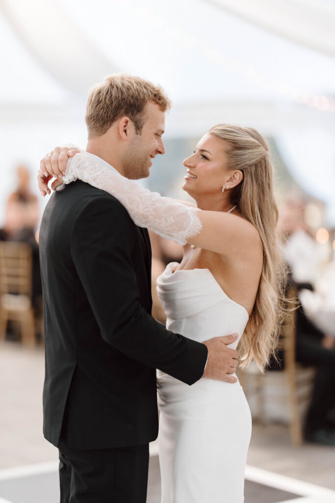 Bride and groom dance at wedding reception in Ipswich, Massachusetts