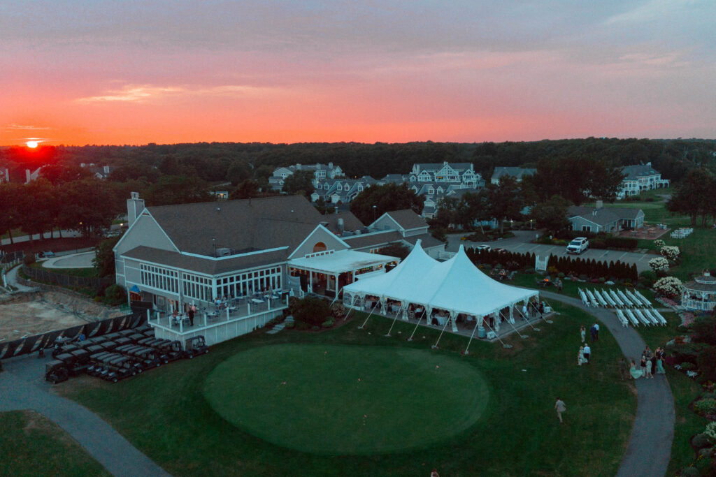 sunset drone photo of the white cliffs country club in plymouth, massachusetts