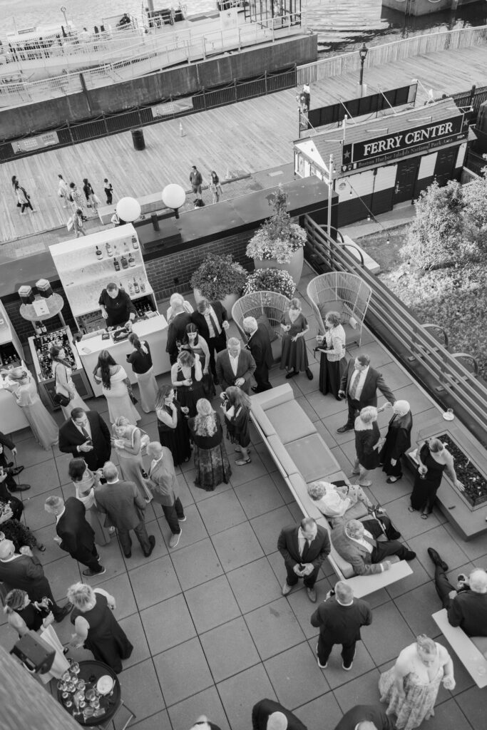 Black and white aerial photo of cocktail hour at the Boston Marriott Long Wharf