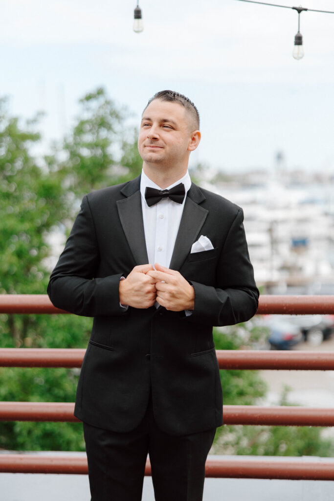 Groom portrait on the deck of the Boston Marriott Long Wharf